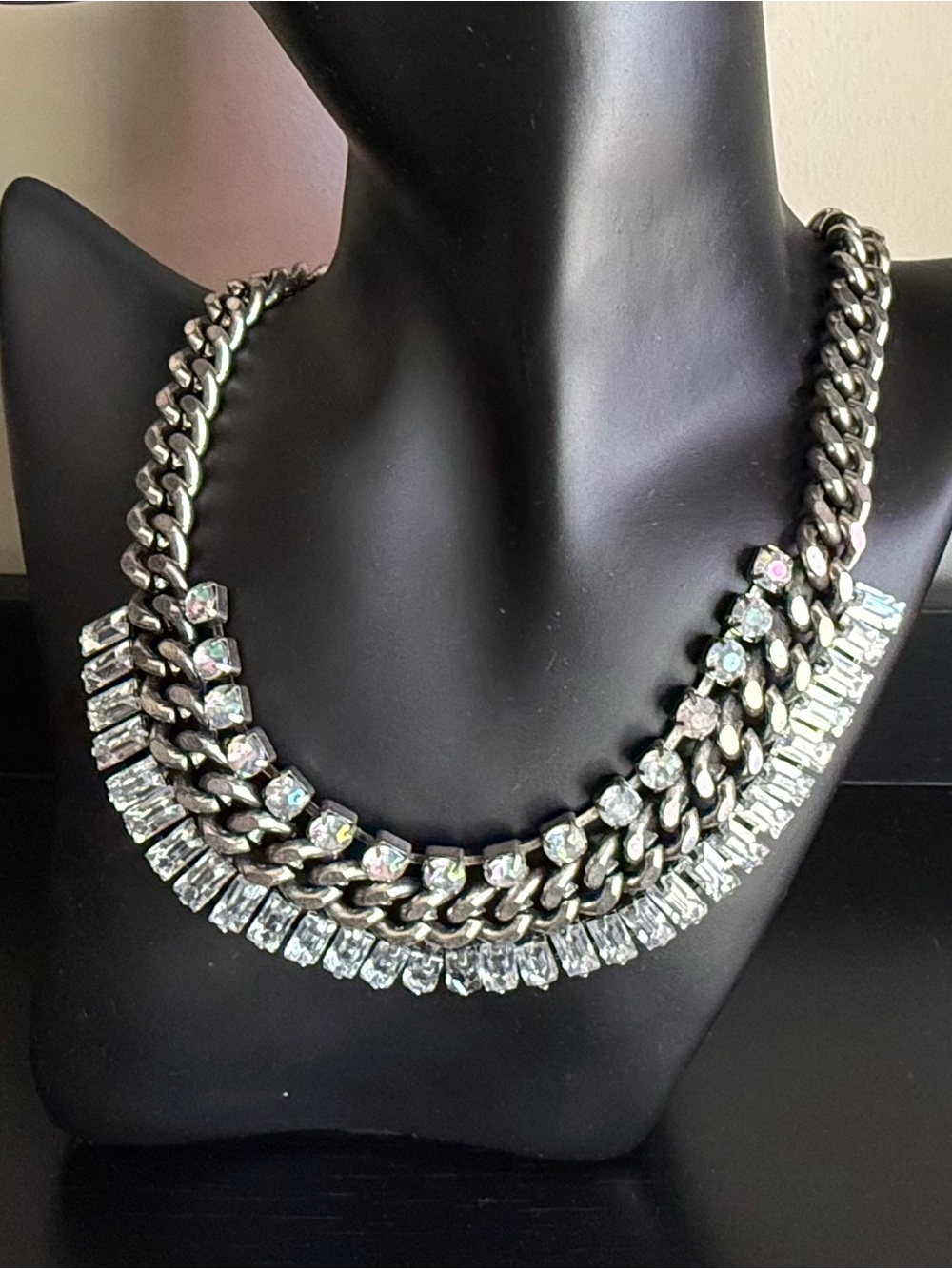 Silver-Tone Rhinestone Curb Chain Statement Necklace | Edgy Glam Chunky Bib